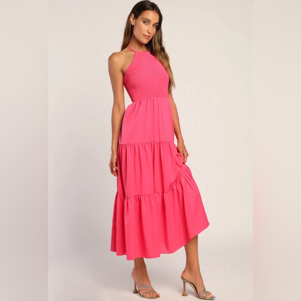 Pier and Now Hot Pink Smocked Tie-Back Midi Dress Lulus